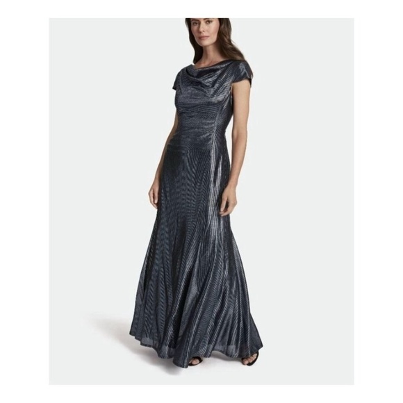 Tahari ASL MetallicCap Sleeve Cowl Neck Gown Size 4